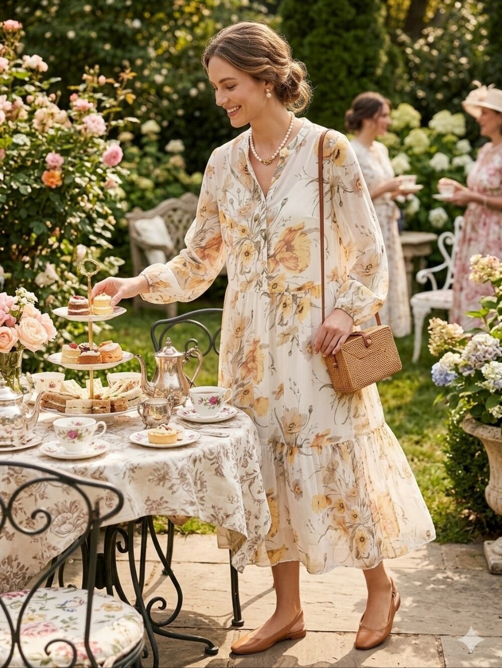 H&M Women's 12 Sheer Floral Tiered Midi Dress in Yellow and Cream